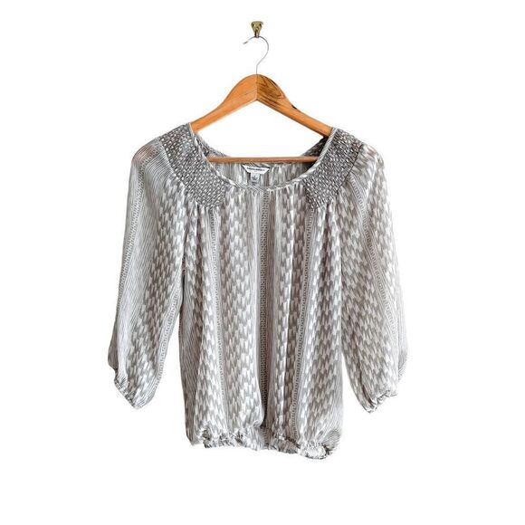 Banana Republic Sheer Blouse Top Gray Cream Elastic Waist Cuffs Women's S - Picture 1 of 8